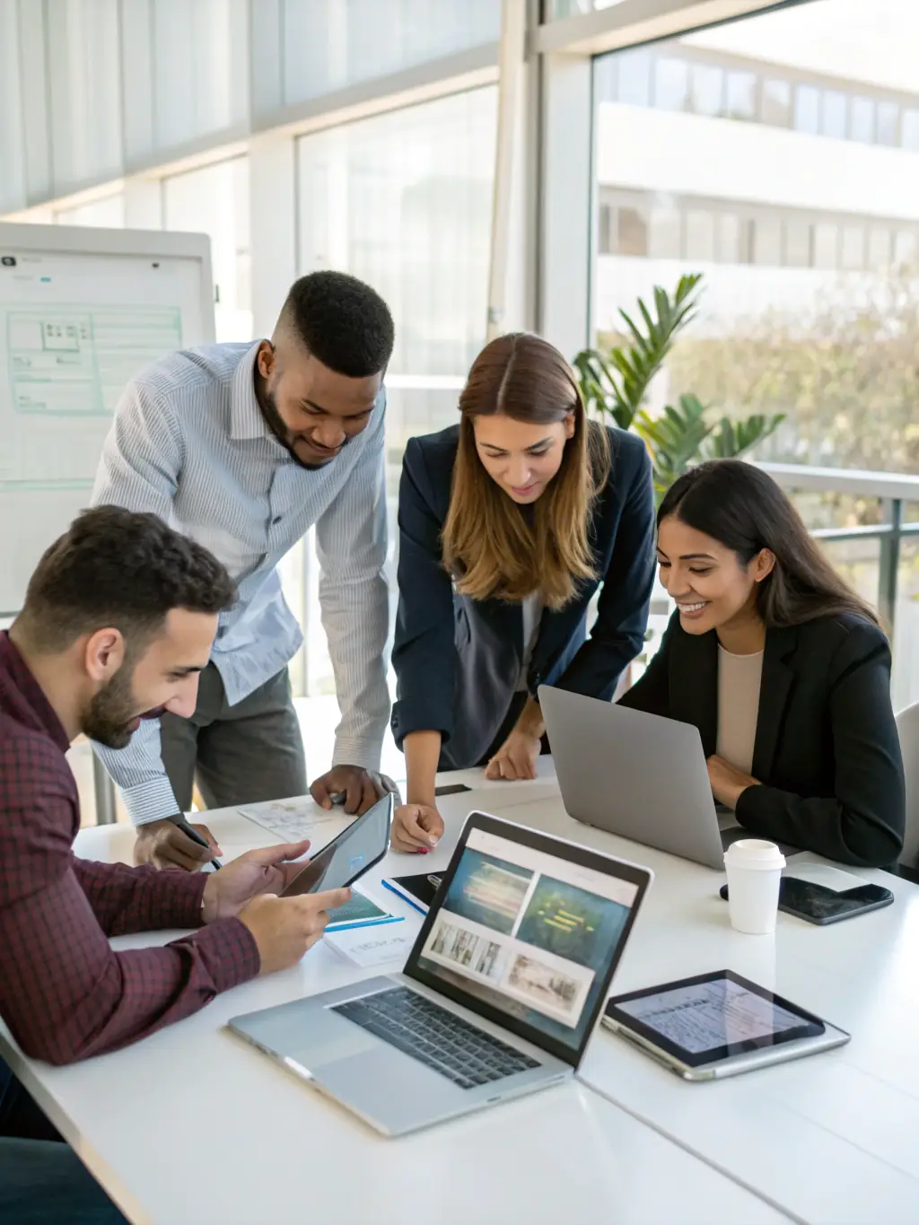 A diverse team collaborating around a table, using laptops and tablets to map out a streamlined web development process.