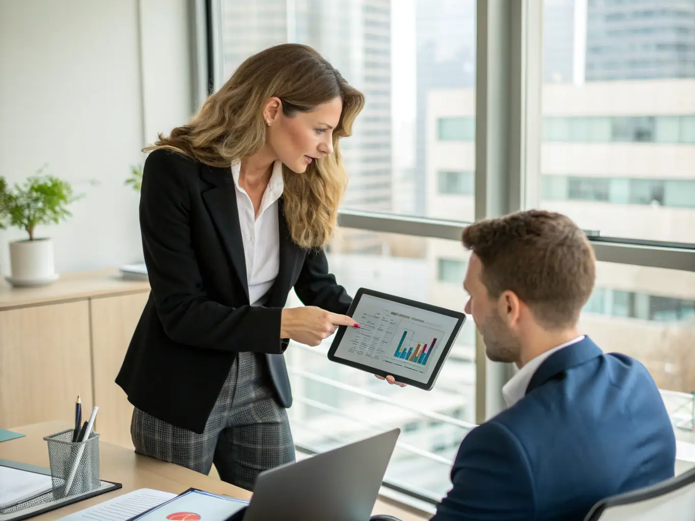 An image of a consultant presenting a strategic plan to a client in a modern office setting, emphasizing collaboration and data-driven decision-making.
