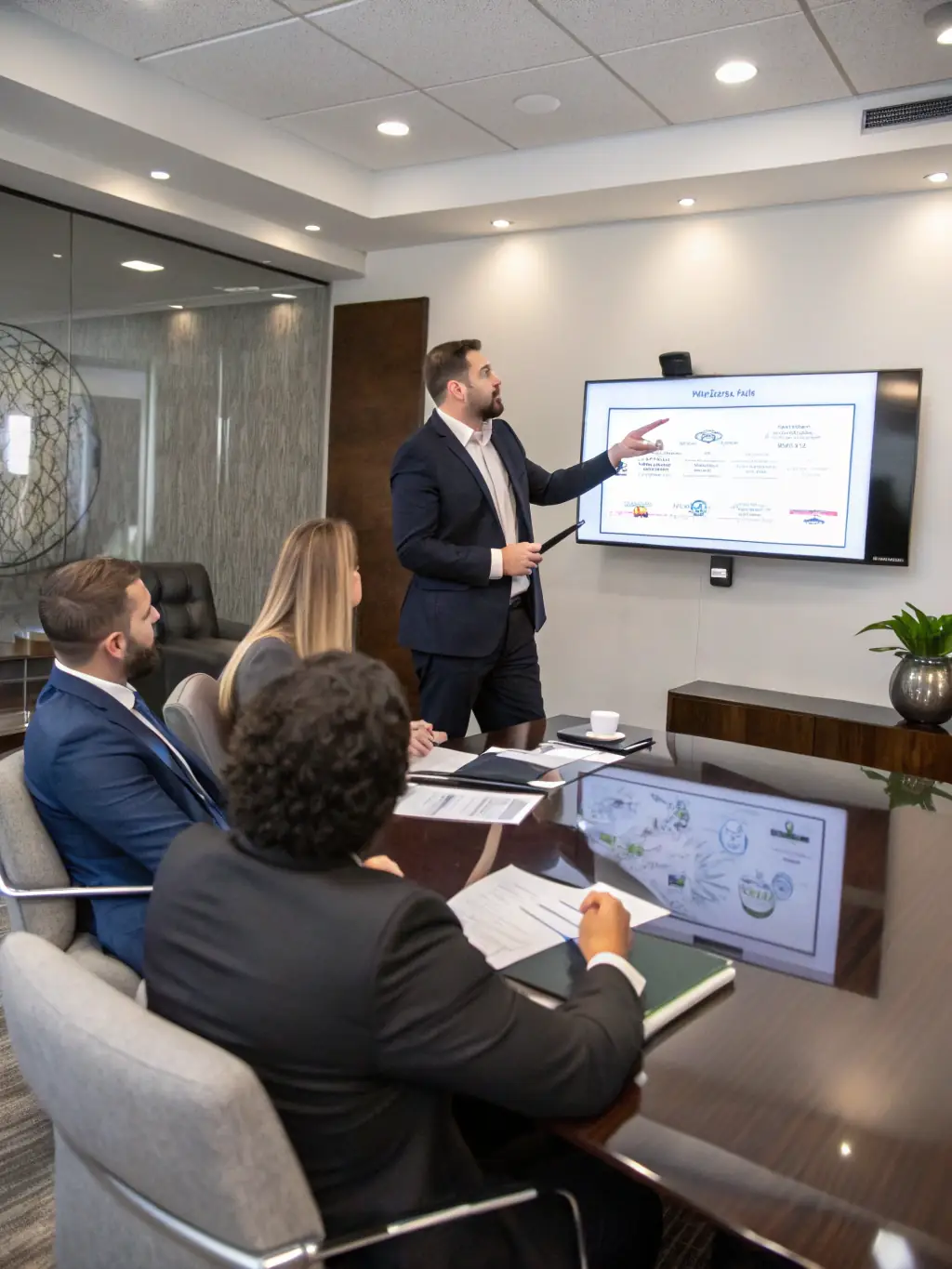 A consultant in a business suit, pointing at a whiteboard filled with flowcharts and diagrams, explaining the process of identifying key business challenges to a team.