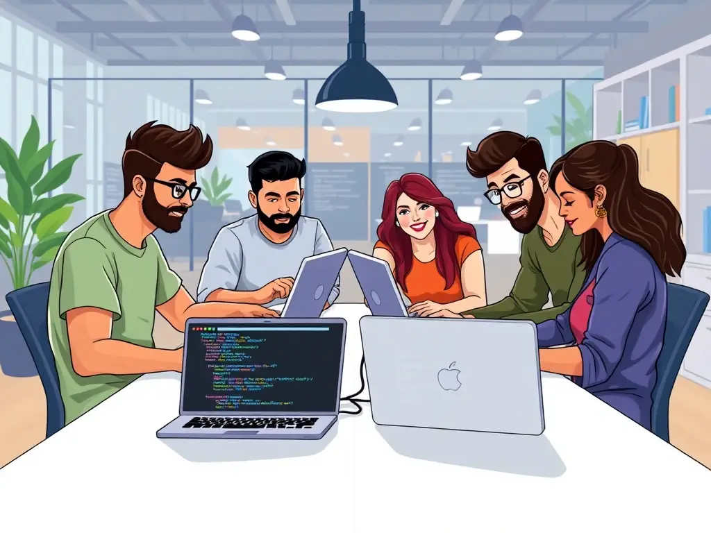 A team of web developers collaborating on a project, illustrating the technical expertise behind HostingTask's consulting services.